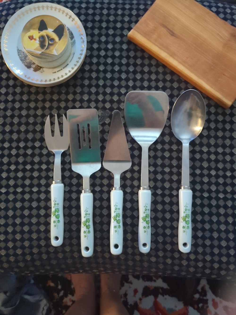 Corelle White Serving Utensils Set with Green Floral Handles